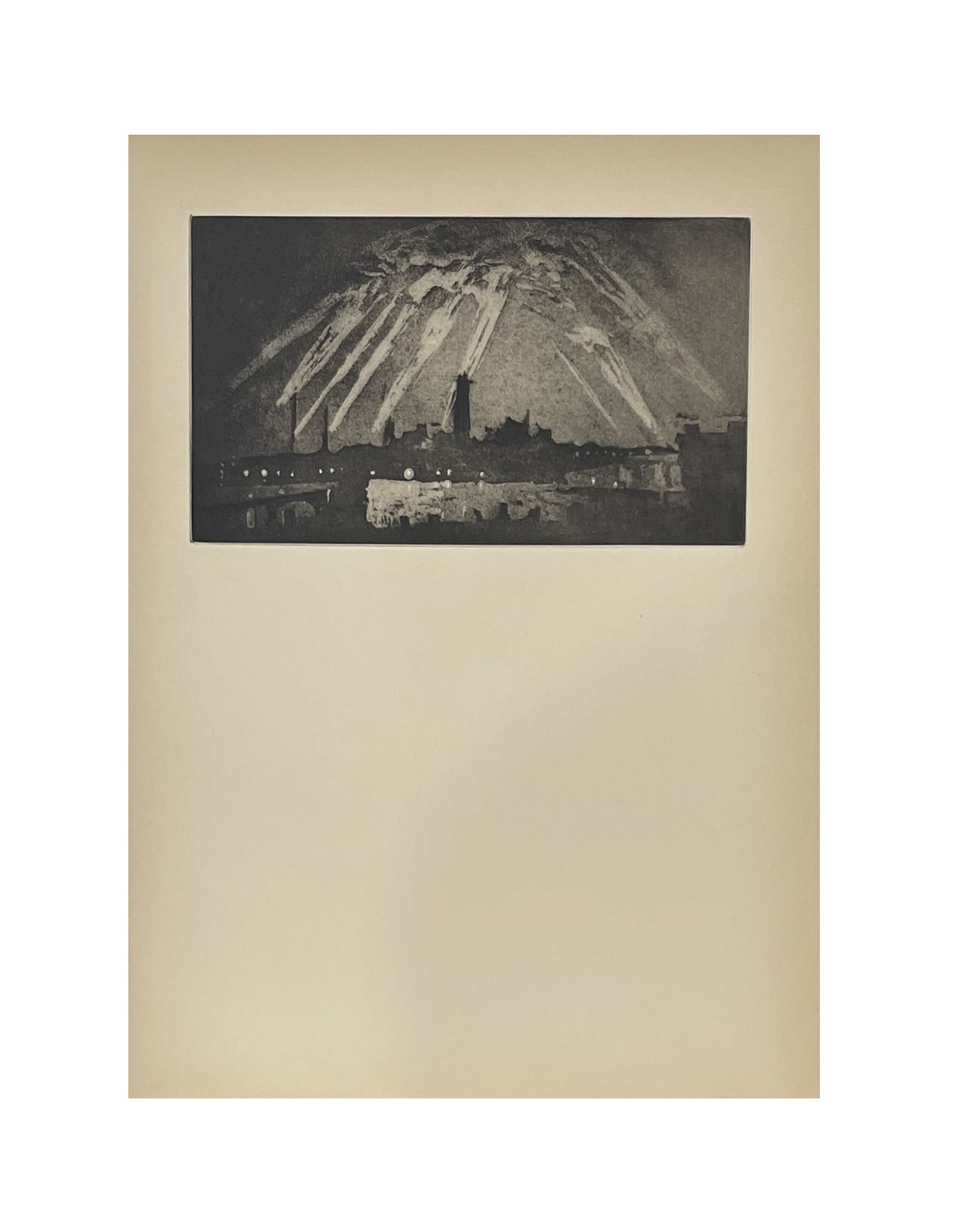 Joseph Pennell (1857 - 1926) American: Joseph Pennell (1857 - 1926) American Title: The Shot Tower (London in War Time) Antique Etching Measure 11 3/4"in H x 8 1/4"in W No frame Known for: Etching, illustration, painting and tea