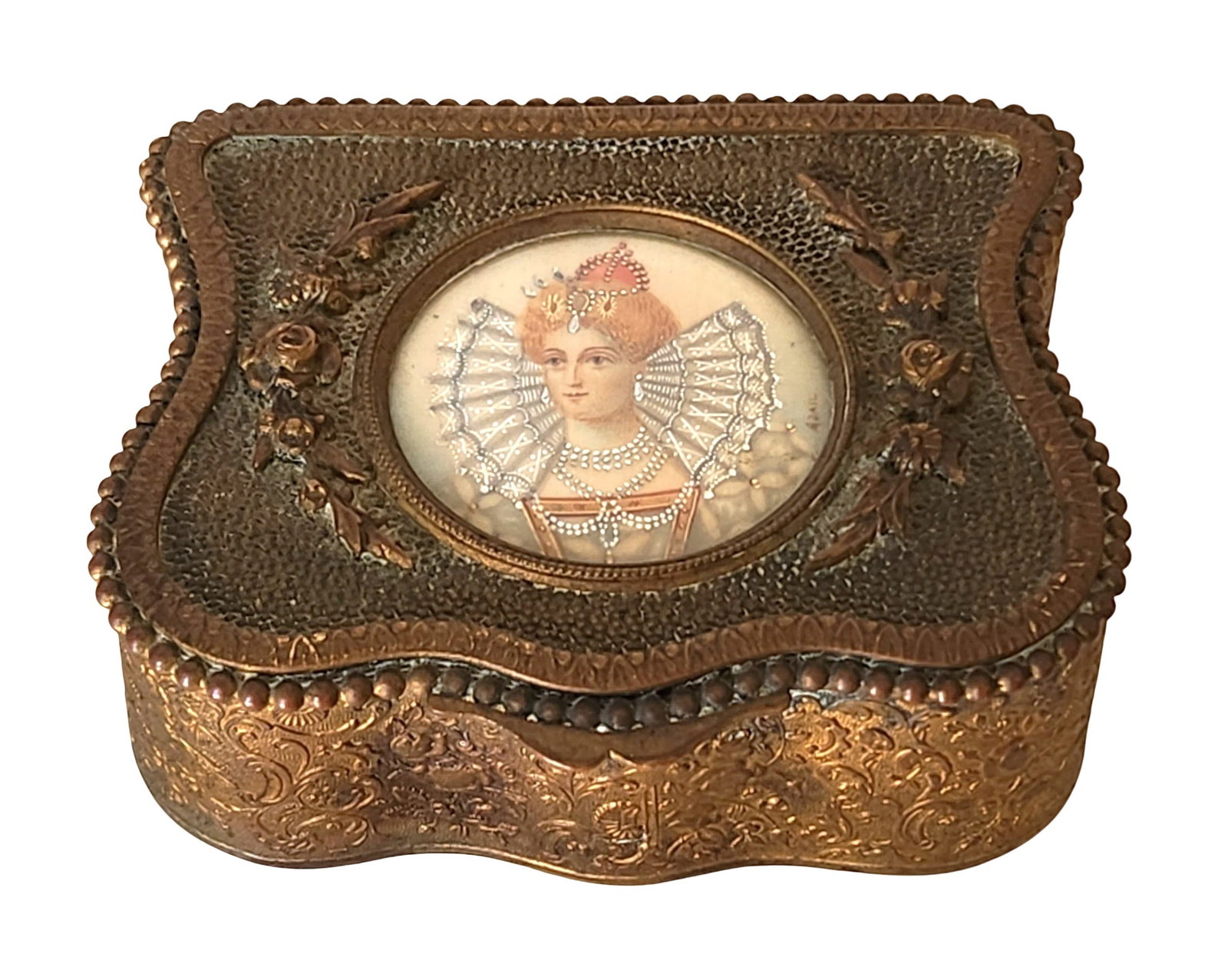 Antique Gilt Bronze Jewelry Box with Miniature Portrait and Embossed Floral Design (1 of 8)