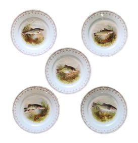 Set of 5 LS&S Carlsbad Austria Hand-Painted Porcelain Fish Plates, Early 20th Century