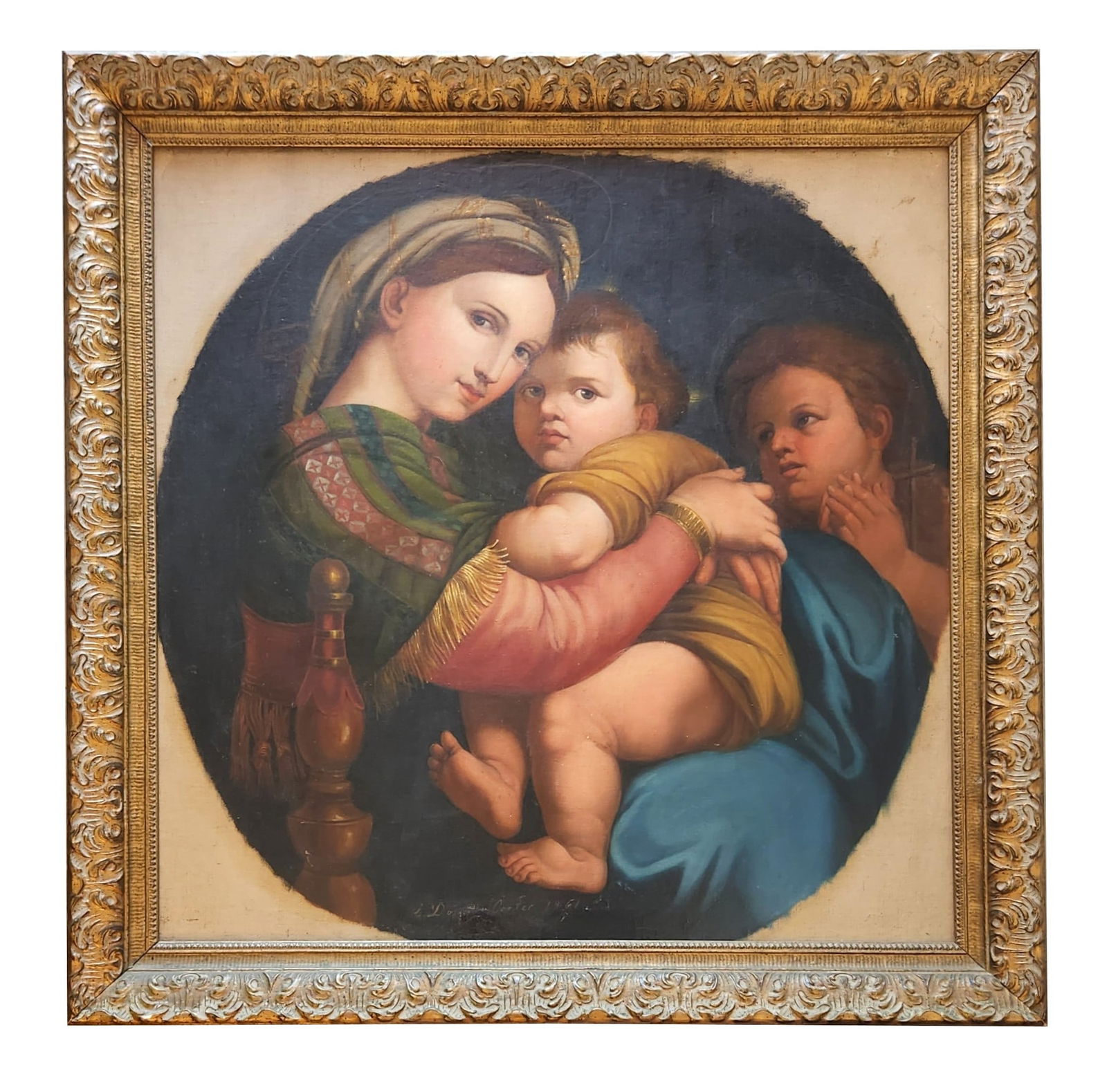 Antique 1861 Madonna and Child Oil Painting After Raphael, Illegibly Signed: A finely painted 19th-century oil on canvas featuring the Madonna and Child with the young Saint John the Baptist, in the style of Raphael’s iconic Renaissance composition. The artist demonstrates s