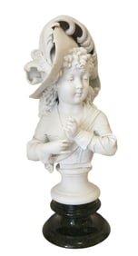 French White Bisque Style Art Nouveau Girl Bust Green Marble Base 19th Century