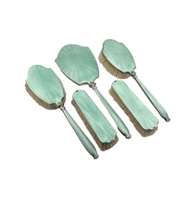 Edward & Sons Art Deco Five Pieces Sterling Silver and Green Guilloche Enamel Brush Set