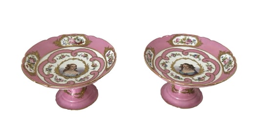 Pair of Antique French Sevres Marie Cherrie XIV Portrait Pink Gold Footed Centerpiece