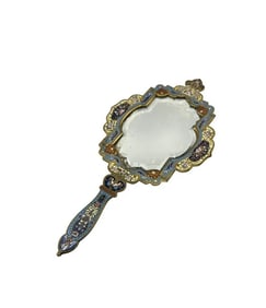19th Century French Cloisonne Enamel and Gilt Handheld Crystal Mirror