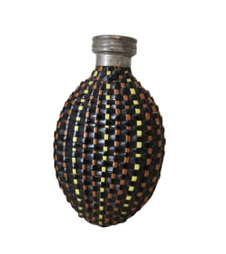 Antique 19th Century Handmade Wicker Wrapped Glass Pewter Liquor Flask Bottle