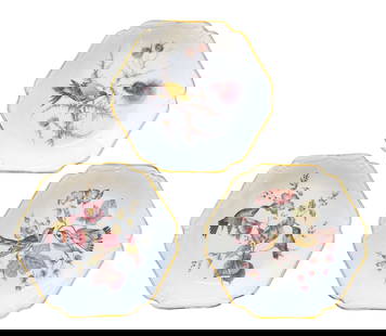 Set of 3 Mitterteich Bavaria Bird & Floral Porcelain Plates with Gilt Trim: Lovely set of three porcelain plates by Mitterteich Bavaria, each featuring vibrant hand-applied transfer images of birds perched among blooming flowers. The plates have delicate scalloped edges with
