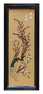 Chinese Hardstone and Shell Inlay Panel with Plum Blossom and Birds: Refined Chinese wall panel featuring a detailed natural scene crafted in raised hardstone and shell inlay. The composition depicts two birds perched among blooming plum blossom branches, symbolizing p