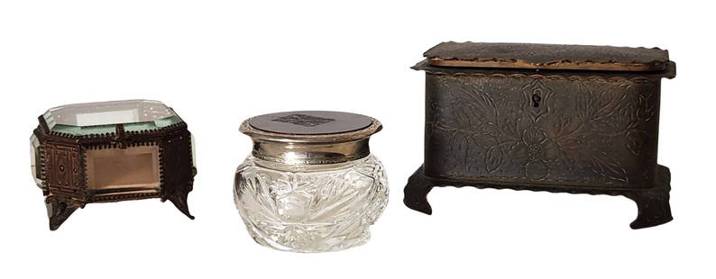 Group of Three Antique Decorative Boxes incl. Glass & Metal Trinket Box, Crystal Inkwell, and: Charming collection of three antique and vintage decorative containers: One ornate trinket box with beveled glass panels and decorative metal framework, likely for jewelry or small keepsakes. One cut