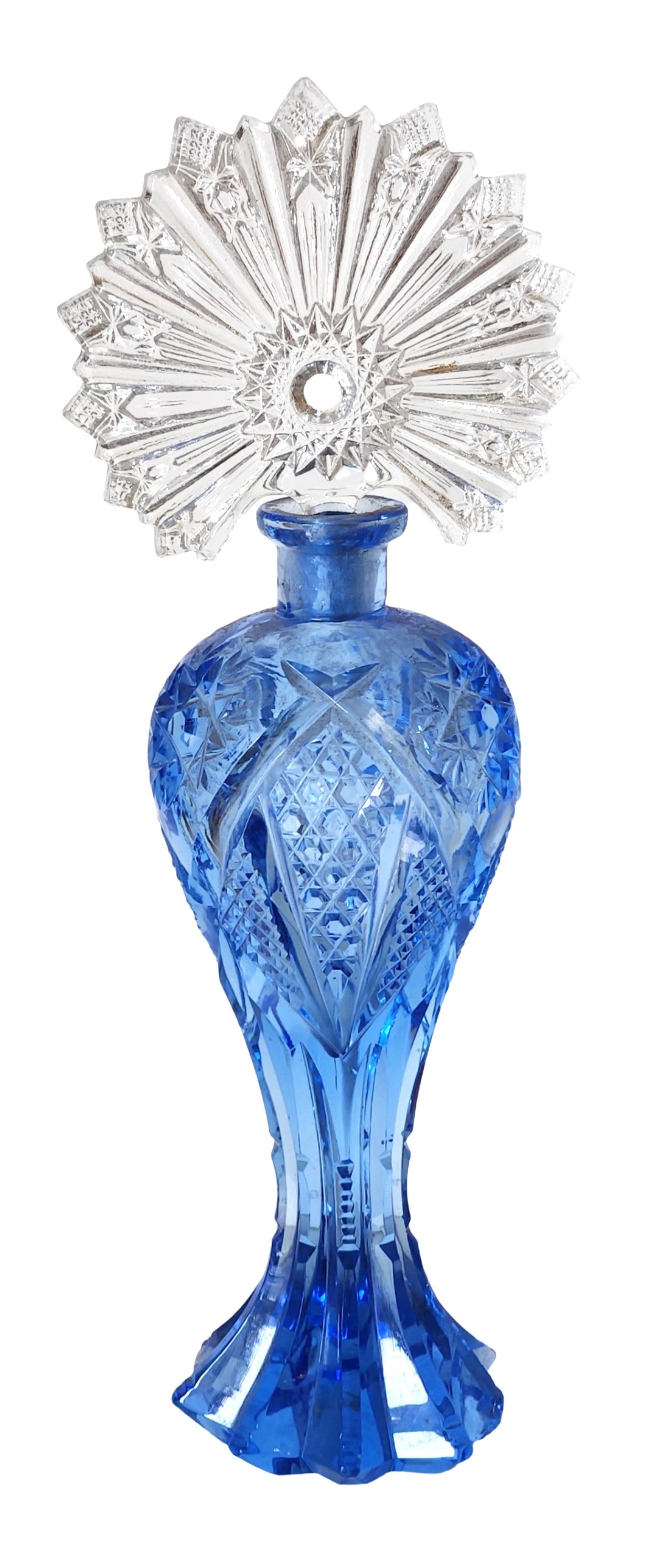 Vintage Cobalt Blue Cut Glass Perfume Bottle with Starburst Stopper – As Is: Striking vintage cobalt blue cut glass perfume bottle, expertly faceted in a brilliant diamond and fan pattern with a flared footed base. The clear crystal stopper is intricately cut in a radiant star