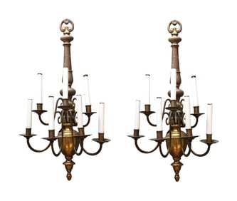 Pair of Vintage 8-Light Brass Chandeliers with Scroll Detail and Candle Sleeves