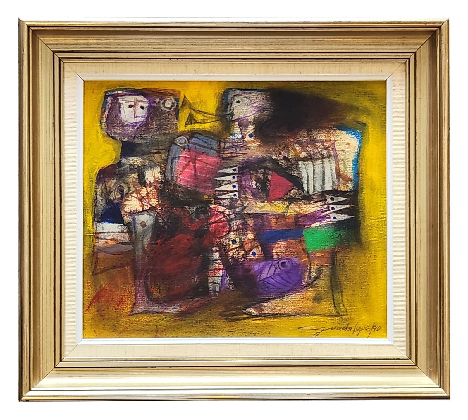 Antonio Guadalupe (Born 1941) Cuba: Antonio Guadalupe (Born 1941) Cuba Mixed Media on Canvas Measure 11 1/2"in H x 13 3/4"in W and 17"in H x 19"in W framed Biography: Painter born in 1941 in the Cibao region, in the city of Moca, the Do