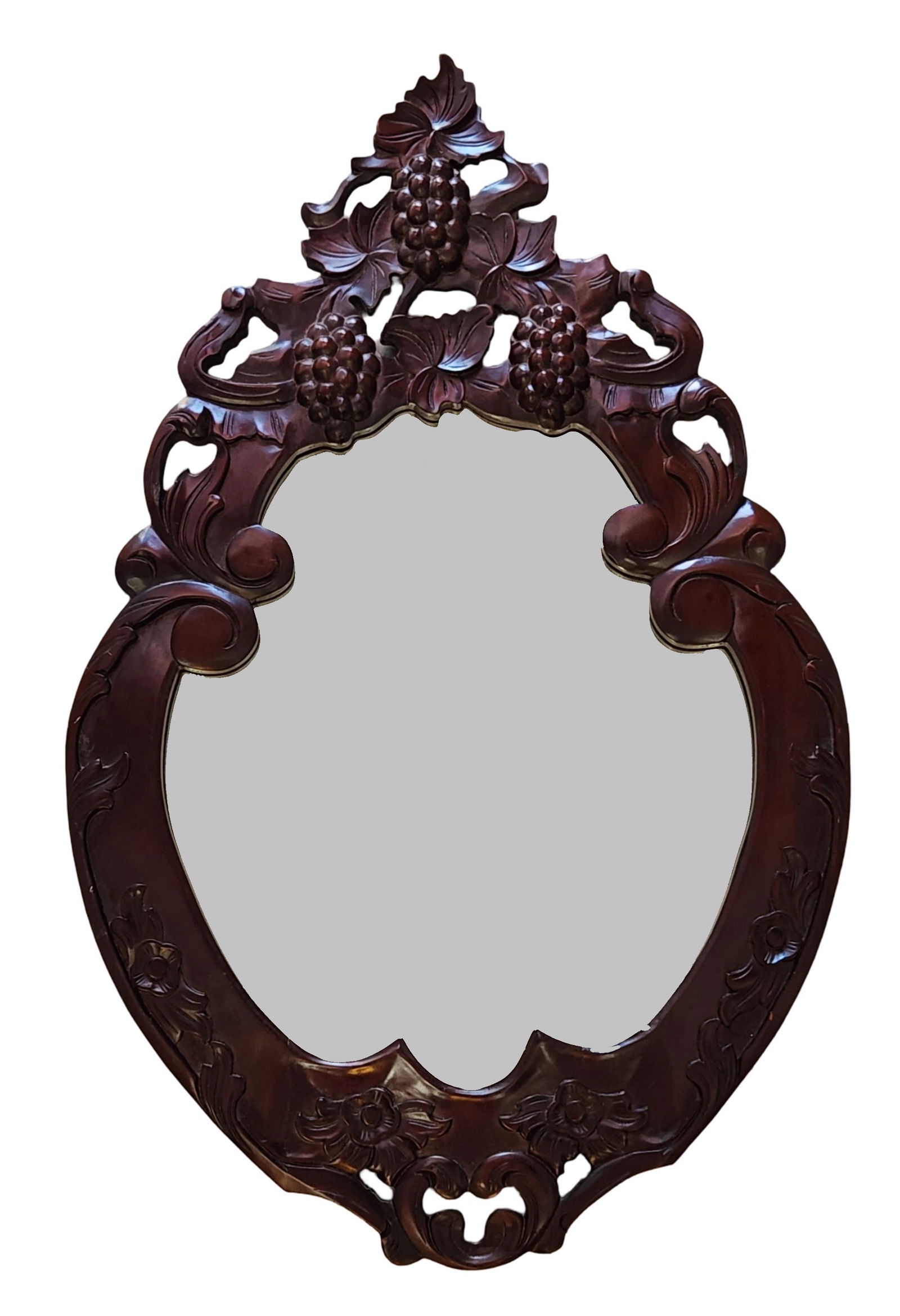 Antique Hand-Carved Wall Mirror with Grape & Vine Motif – Oval Beveled Glass (1 of 4)