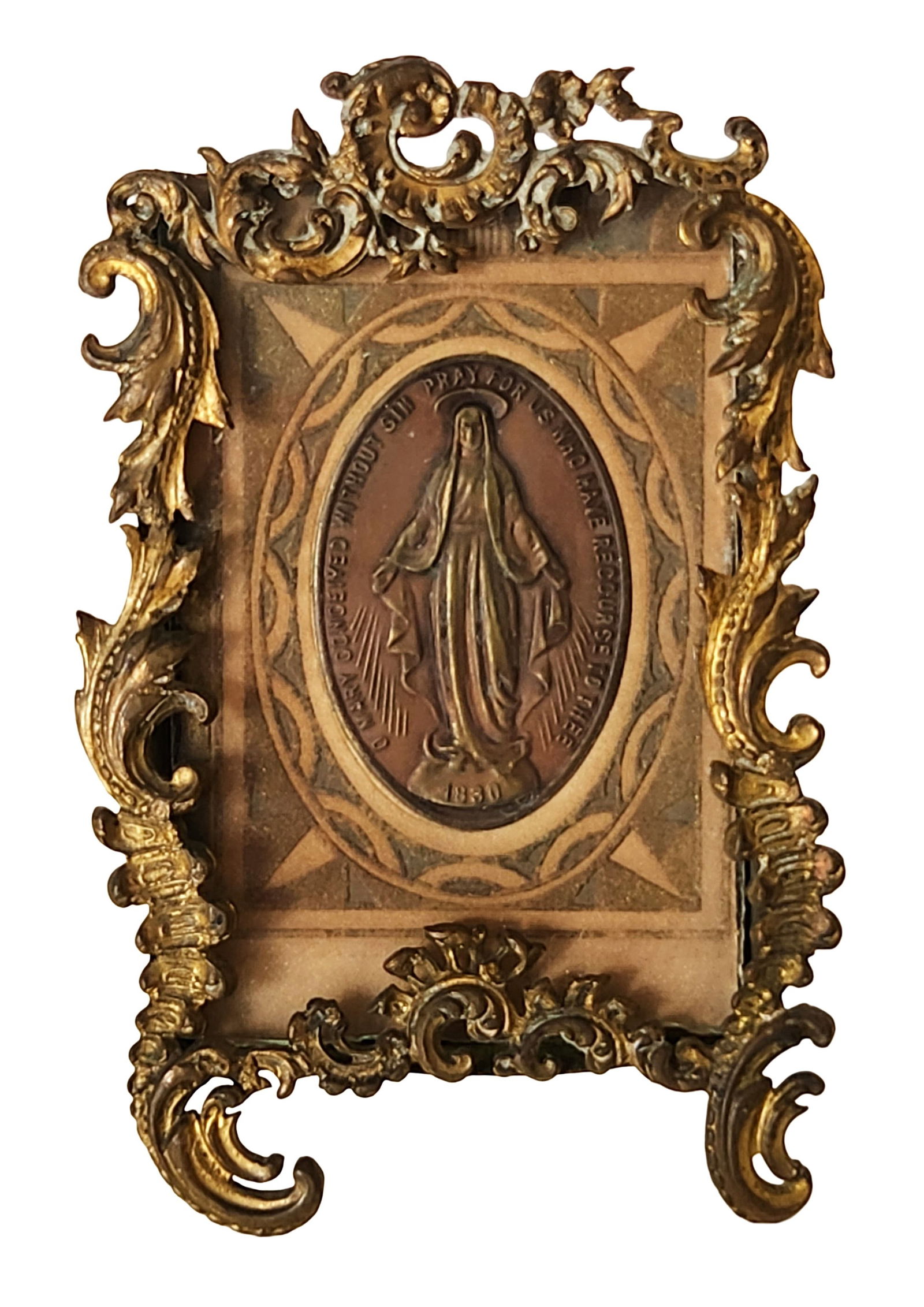 Antique 19th C. Virgin Mary Miniature Plaque in Gilt Bronze Frame, Dated 1830 (1 of 3)