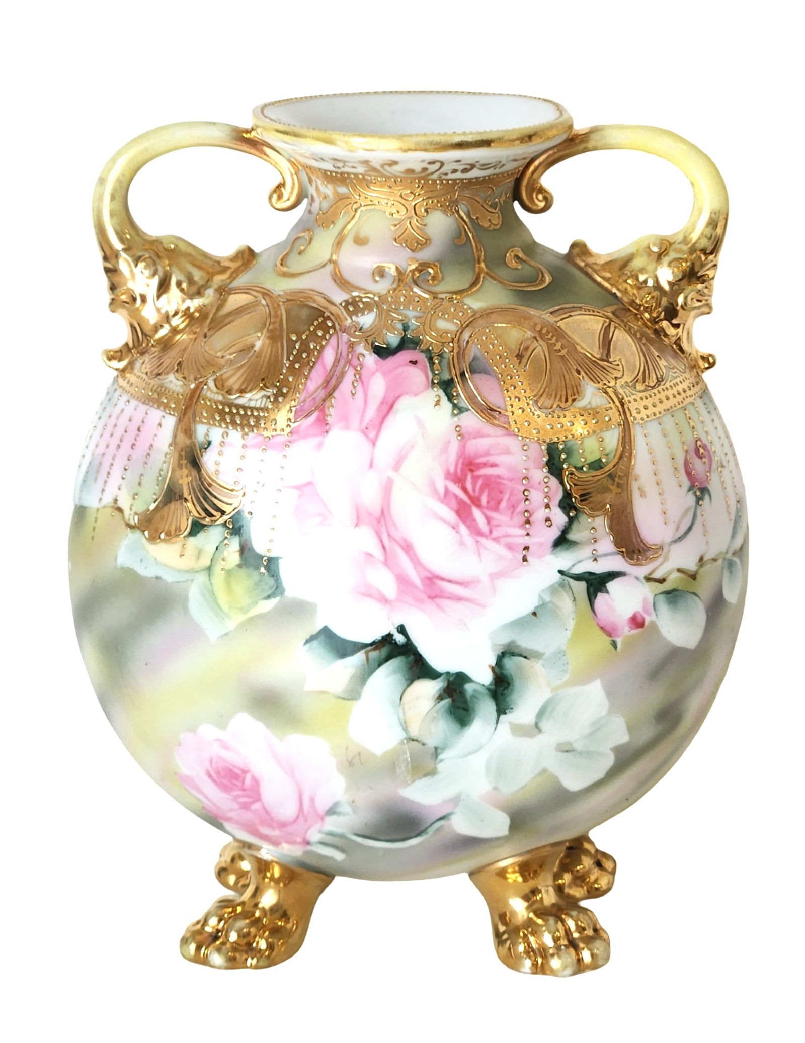 Nippon Hand-Painted Porcelain Vase with Pink Roses & Raised Gold Moriage – Lion Paw Feet (1 of 3)