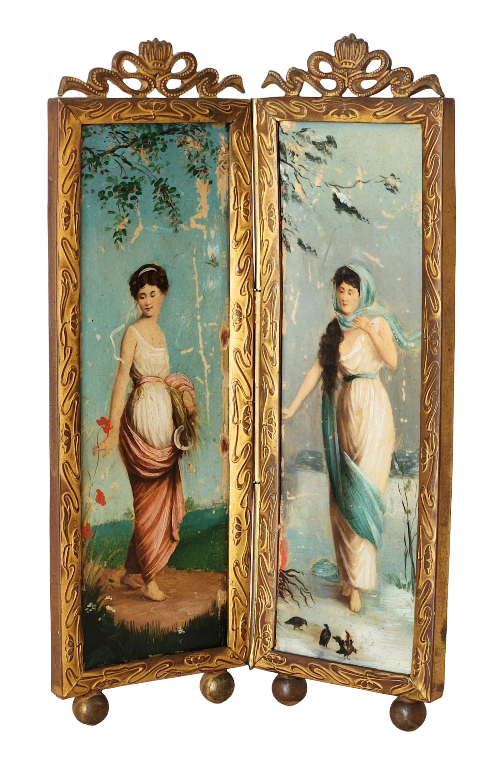 Antique French Oil Painting Diptych of Allegorical Women – Gilt Brass Frame, 19th Century (1 of 9)
