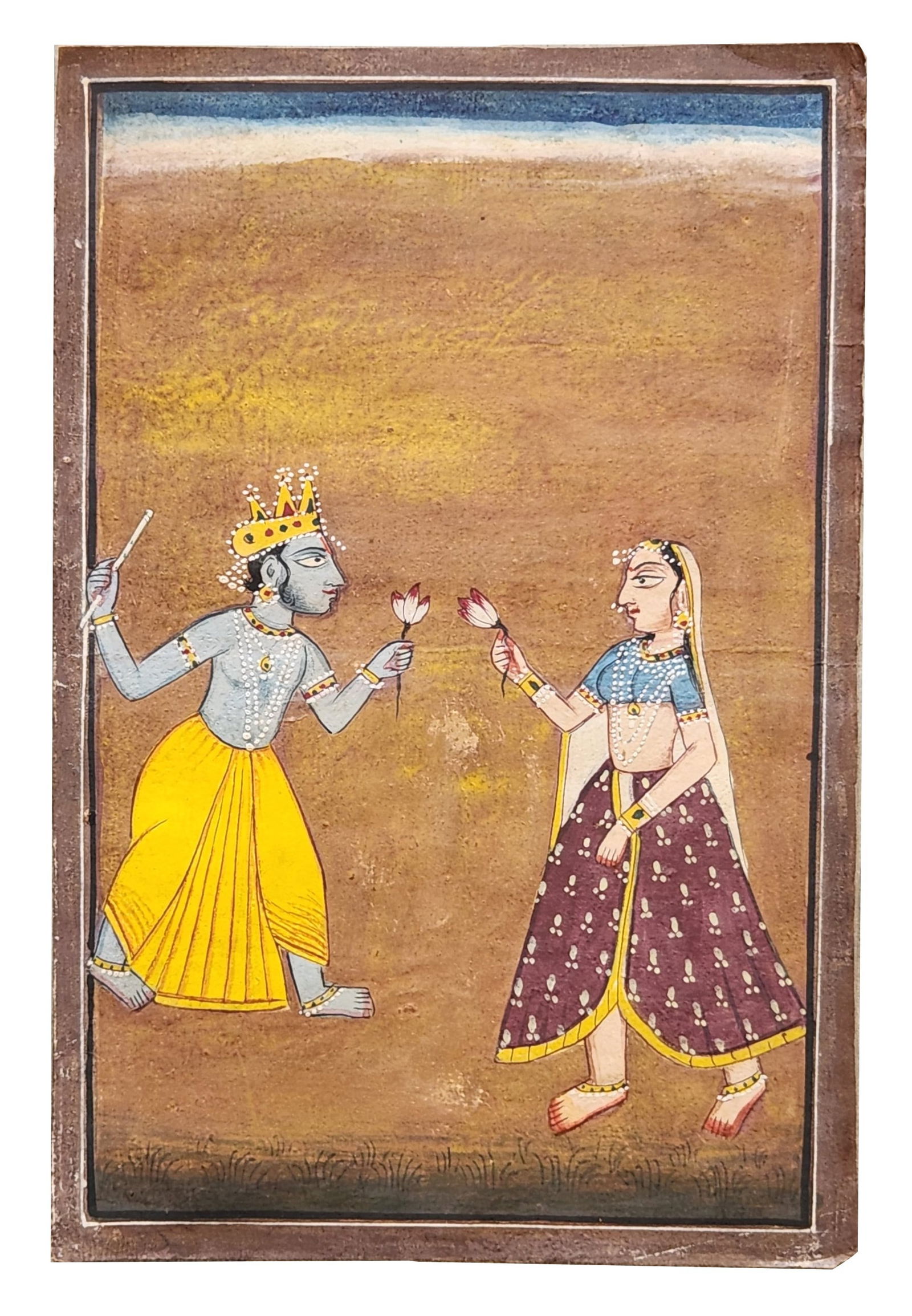 Indian Miniature Painting of Krishna and Radha with Lotus Flowers – Rajput/Kangra Style (1 of 3)