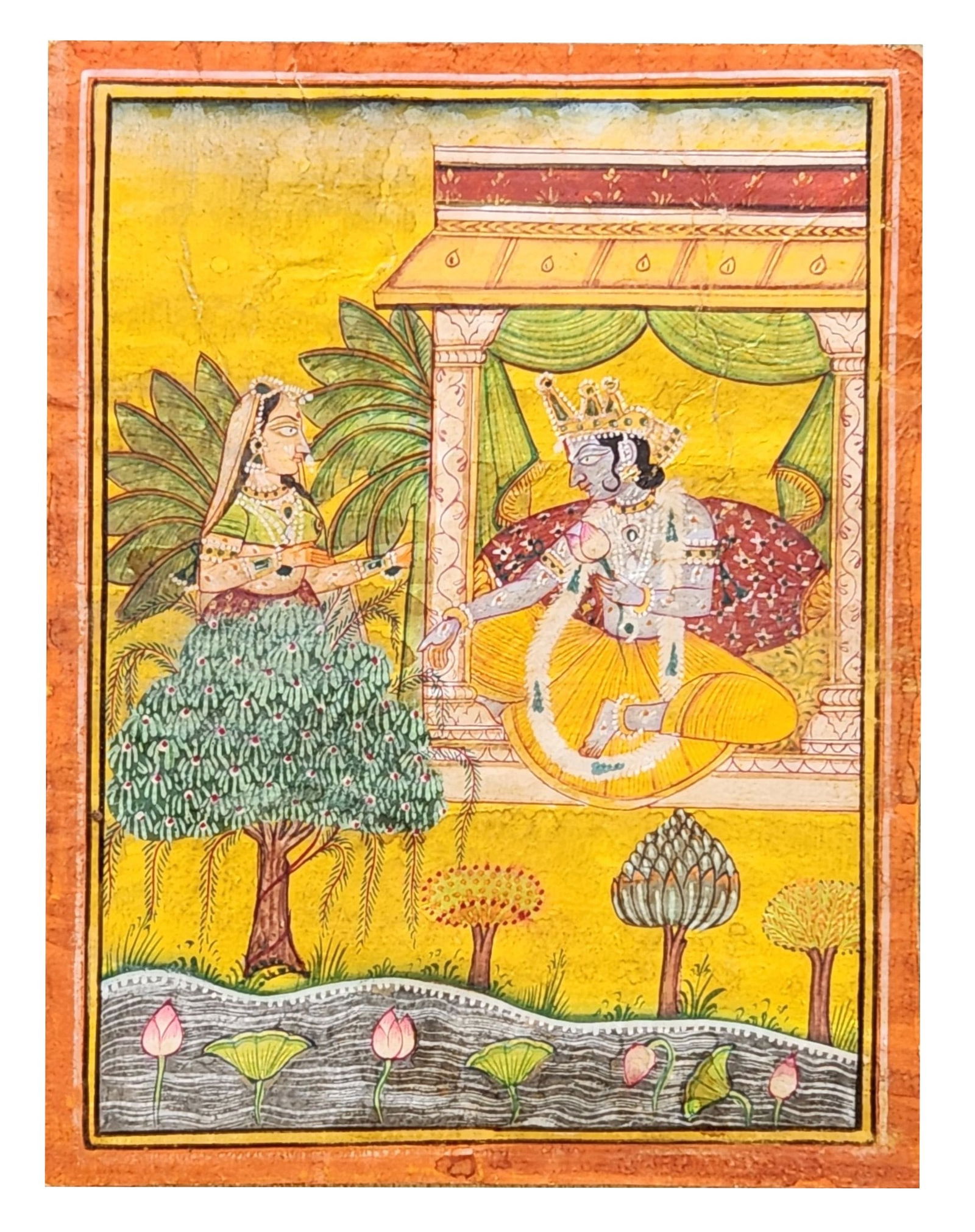 Indian Rajasthani Miniature Painting – Krishna & Radha in Garden Pavilion, Hand-Painted, 19th (1 of 5)