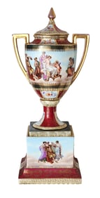 Royal Vienna Style Covered Urn on Pedestal, Hand-Painted Porcelain, Marked Austria, ca. 1900
