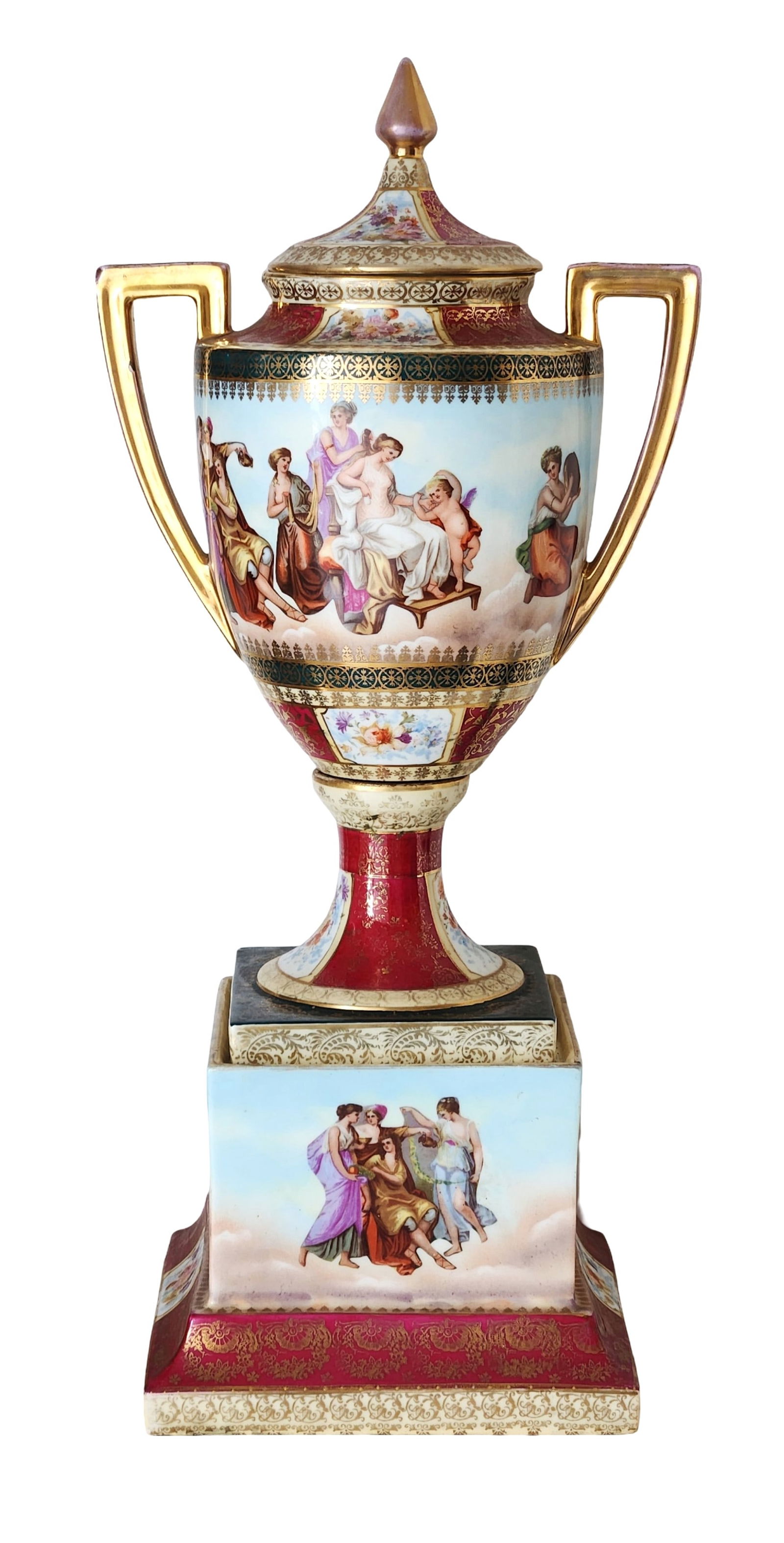 Royal Vienna Style Covered Urn on Pedestal, Hand-Painted Porcelain, Marked Austria, ca. 1900 (1 of 9)