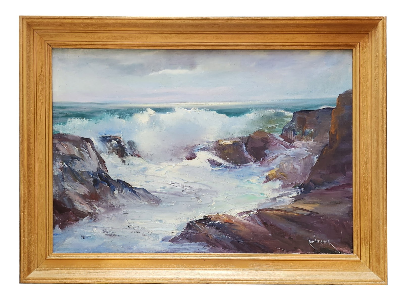 Russ Webster (1904 - 1984) American: Russ Webster (1904 - 1984) American Oil on Canvas Measure 20"in H x 29"in W and 24 3/4"in H x 33 3/4"in W x 2 1/4"in D framed Known for: Harbor scenes, landscapes Biography: Russ Webster was a long ti