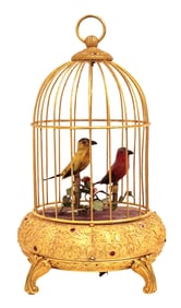 Antique German Singing Bird Cage Automaton – Gilded Music Box with Two Birds