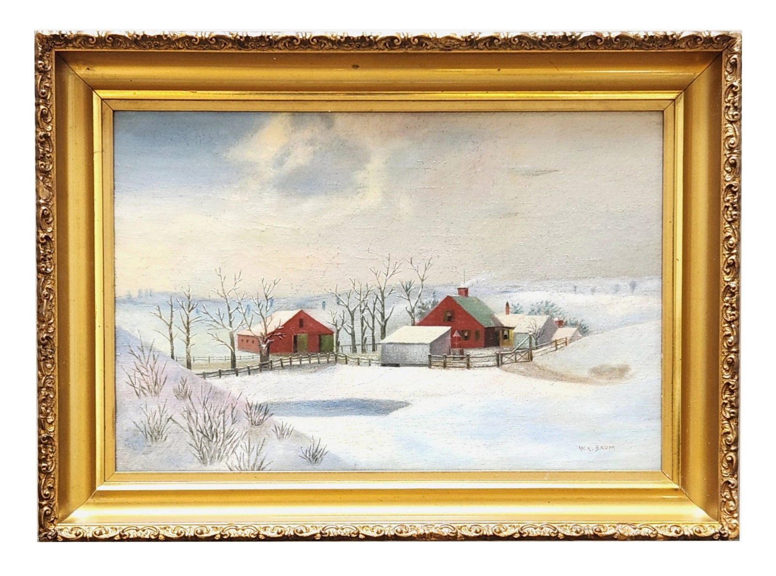Walter Emerson Baum (1884 - 1956) American: Walter Emerson Baum (1884 - 1956) American Oil on Canvas Measure 12 1/4"in H x 18 1/2"in W and 16 3/4"in H x 23"in W x 2 1/4"in D framed Known for: Landscape-rural, snow, and townscape painting Biogra