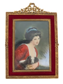 Signed Portrait Miniature of a Lady with Dog in Ornate Gilt Frame