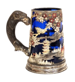 Japanese Meiji Style Cobalt Blue Glass and Enamel-Mounted Tankard