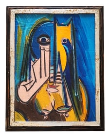Abstract Cubist-Style Painting of a Figure with Instrument – Bold Colors, Signed