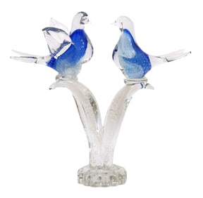 Murano Glass Sculpture of Two Birds on Branches, Mid-20th Century