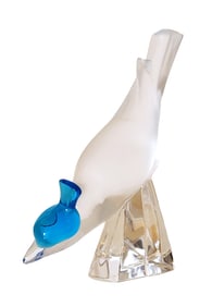 Lalique France Frosted & Clear Crystal Bird Sculpture with Blue Head