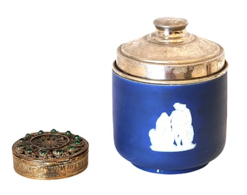 Lot of Two Decorative Boxes – Wedgwood-Style Porcelain Jar with Silvered Lid & Gilt Metal Trinket