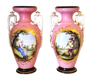 Pair of Old Paris Hand-Painted Porcelain Vases, Probably 19th Century