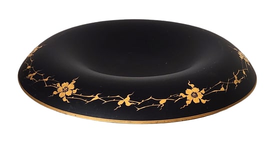 Black Glass and Gilt Floral Decorative Plate, Mid-20th Century