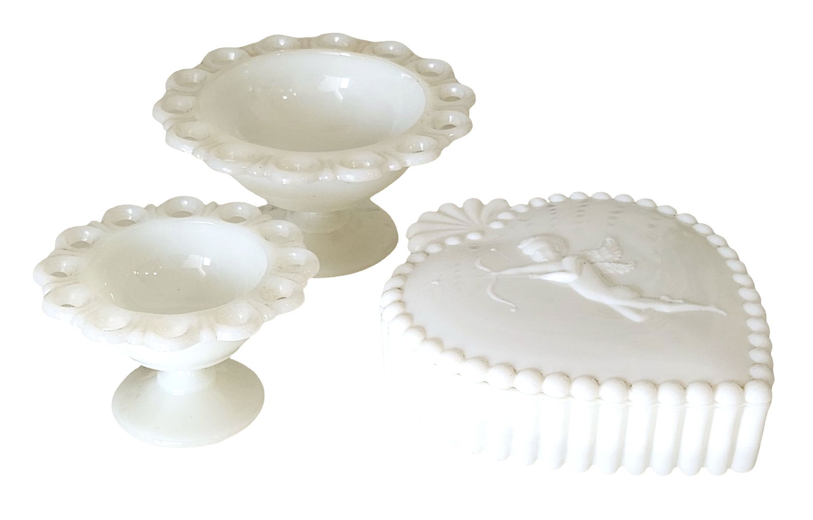 Lot of 3 Vintage Milk Glass Pieces – Fenton or Westmoreland Compotes & Heart Box with Cupid (1 of 4)