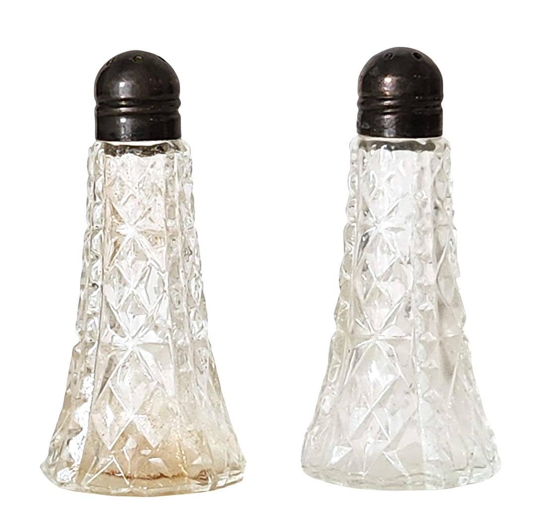 Pair of Vintage Cut Glass Salt & Pepper Shakers with Marked Sterling Silver Lids (1 of 3)