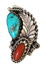 Native American Navajo Sterling Silver Ring with Turquoise and Coral