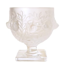 Lalique France Frosted Crystal Vase with Birds and Foliage Motif
