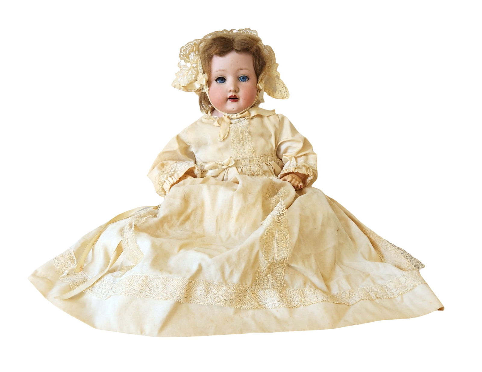 Antique German Bisque Doll, Heubach Koppelsdorf 275, Glass Eyes, c. 1900s: Antique German bisque head doll by Heubach Koppelsdorf, mold 275, marked on the back of the head “Germany 275.0.q Heubach Koppelsdorf.” The doll features blue glass sleep eyes, open mouth with