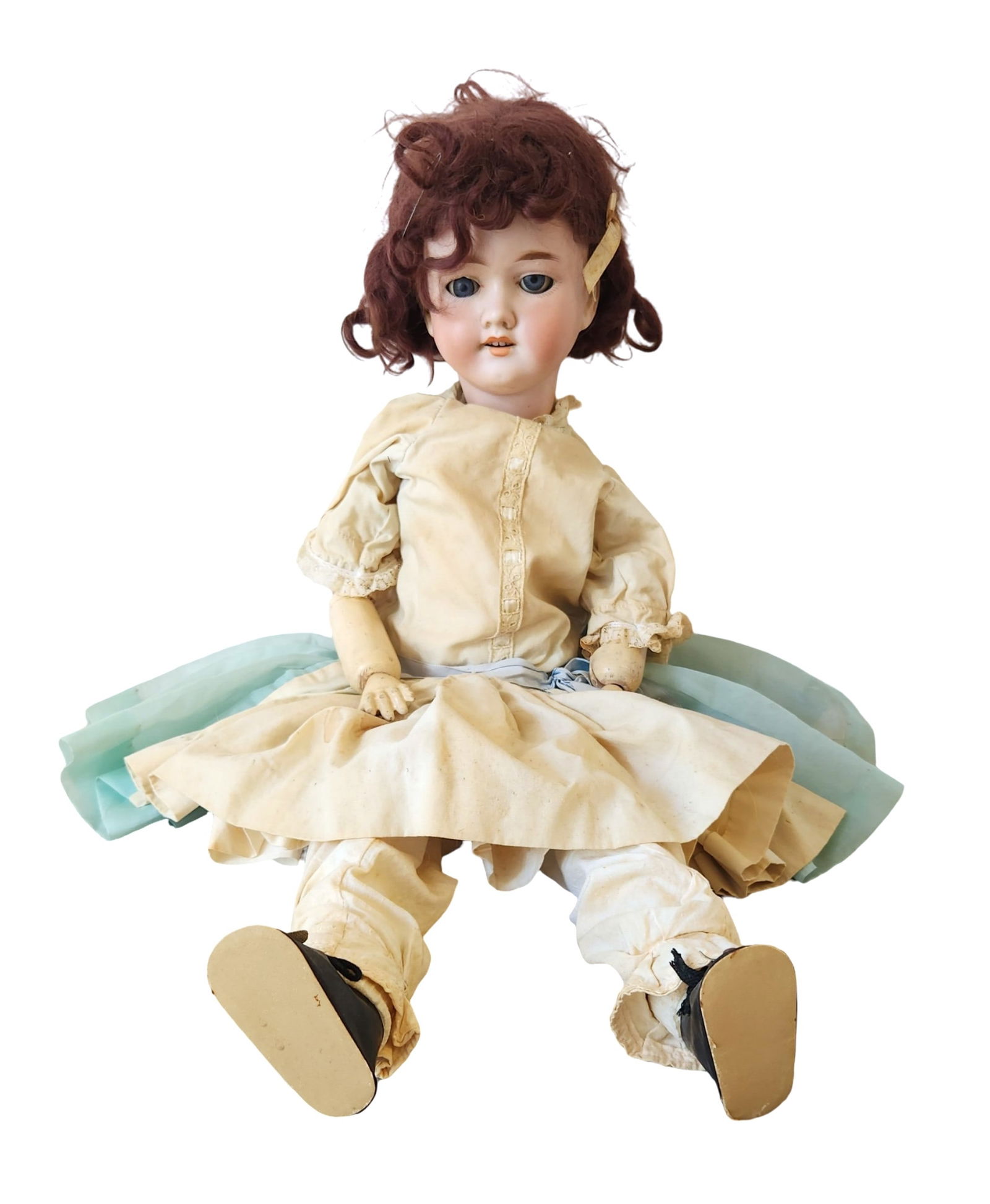 Antique Armand Marseille German Bisque Head Doll, Composition Body, Sleep Eyes": A charming antique German bisque head doll by Armand Marseille, marked “Made in Germany 390” on the back of the head. Features include a bisque socket head with open/close blue glass sleep eye