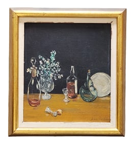 Vintage Still Life Oil Painting Signed Jean Parker – Bottles, Glass, and Flowers