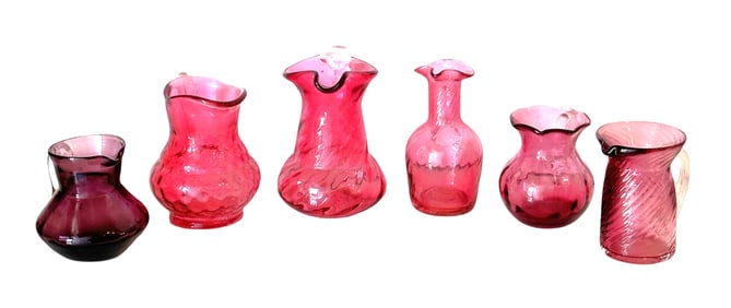 Collection of Six Vintage Cranberry Glass Miniature Pitchers, Hand-Blown