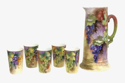 Jean Pouyat (Limoges, France) Hand-Painted Porcelain Tankard & Five Tumblers, ca. 1905–1911
