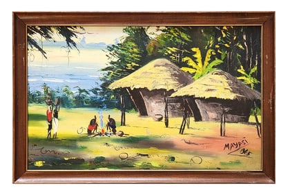 Mayasi (African School) – Village Scene with Figures and Huts, 1965