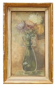 Antique Still Life Oil Painting of Chrysanthemums in a Vase