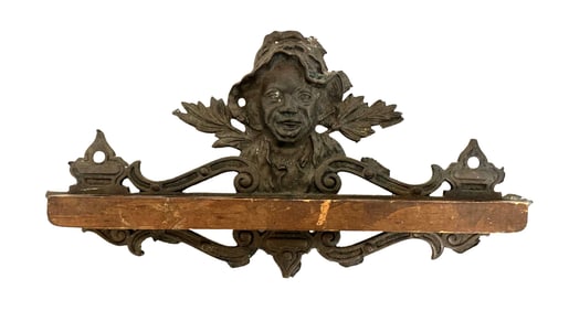 Antique Cast Iron and Wood Wall Shelf with Figural Relief, Late 19th / Early 20th Century