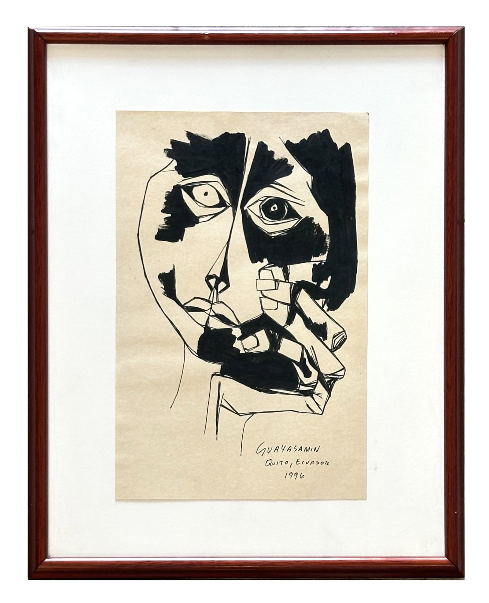 Oswaldo Guayasamin (1919 - 1999) Ecuador: Oswaldo Guayasamin (1919 - 1999) Ecuador Ink on Paper Dated: 1996 Measure 13"in H x 8 1/2"in W and 18 1/2"in H x 14 3/4"in W framed Known for: Expressionist paintings and sculptures focused on social 