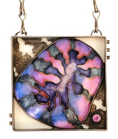 Modernist Sterling Silver Enamel Pendant Necklace with Pink Stone, Studio Jewelry, ca. 1970s–1990s