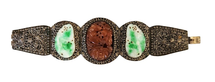 Vintage Chinese Silver Filigree Bracelet with Carved Jade and Carnelian, Marked China, ca.