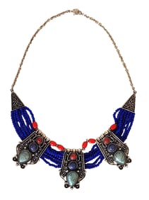 Ethnic Tribal Statement Necklace with Blue Beads & Turquoise-Style Pendants